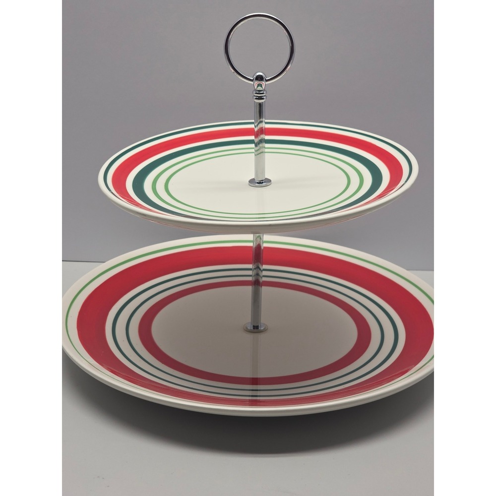 Target Holiday 2010 2-Tier Serving Tray Red Green Striped Ceramic Christmas